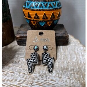 Tipi Lightning Bolt Earrings Black White Checkered AB Dangle Southwestern